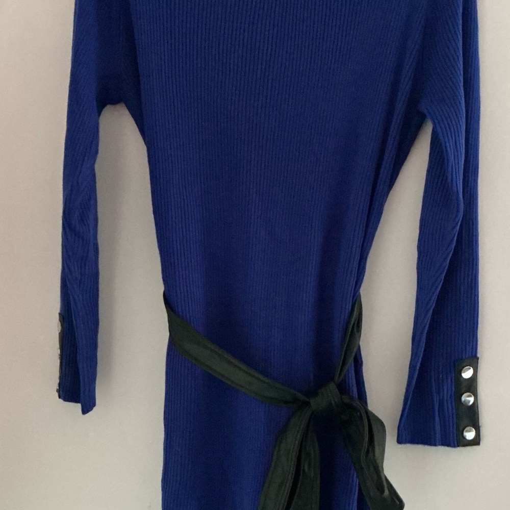 Chic Royal Blue Long Sleeve Dress with Black Tie